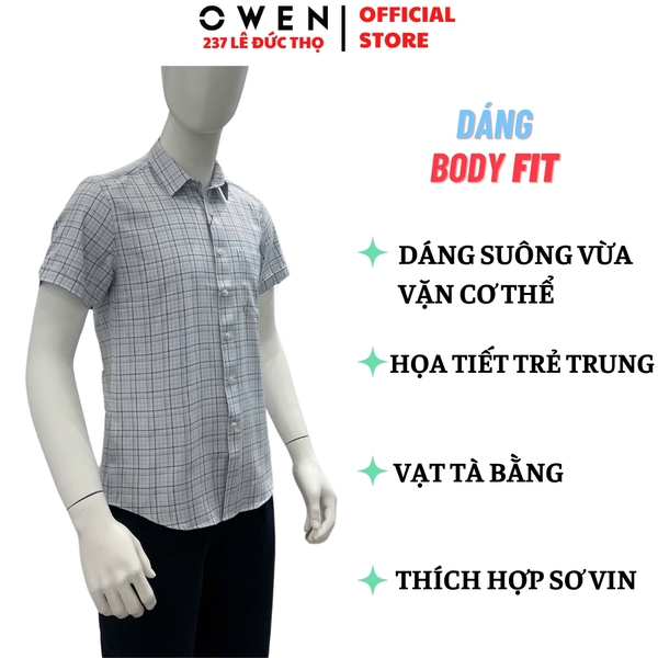 Áo sơ mi nam tay ngắn Owen AR240028NT màu xám nhạt kẻ caro dáng suông regular fit tà lượn có túi chất liệu nano