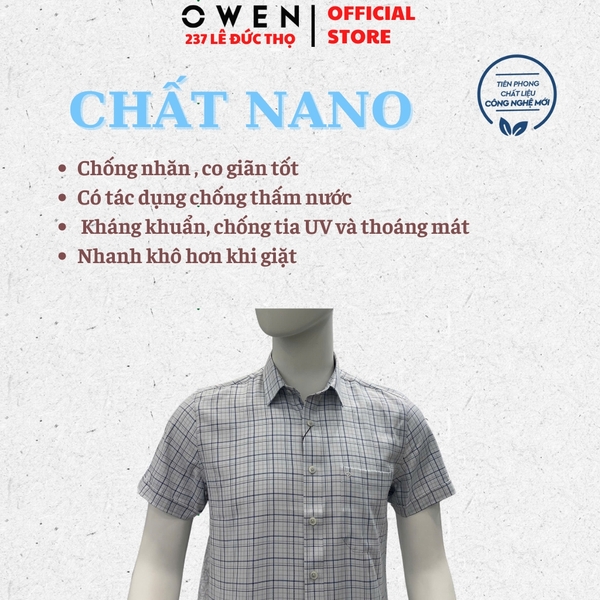 Áo sơ mi nam tay ngắn Owen AR240028NT màu xám nhạt kẻ caro dáng suông regular fit tà lượn có túi chất liệu nano