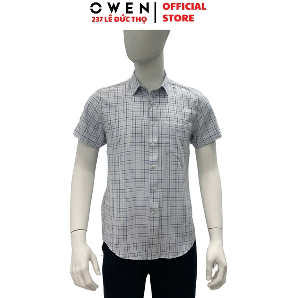 Áo sơ mi nam tay ngắn Owen AR240028NT màu xám nhạt kẻ caro dáng suông regular fit tà lượn có túi chất liệu nano