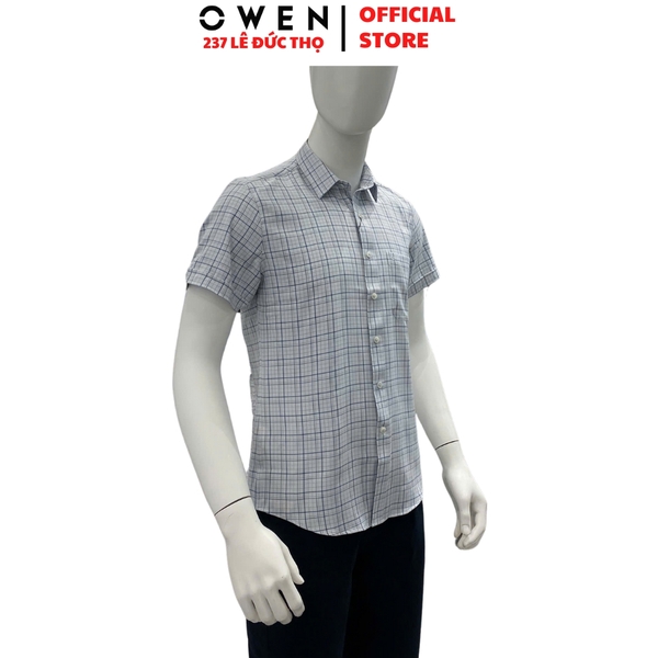 Áo sơ mi nam tay ngắn Owen AR240028NT màu xám nhạt kẻ caro dáng suông regular fit tà lượn có túi chất liệu nano
