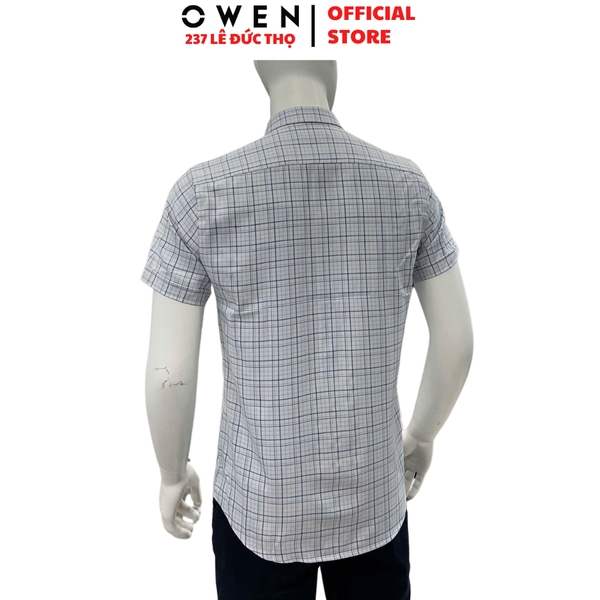 Áo sơ mi nam tay ngắn Owen AR240028NT màu xám nhạt kẻ caro dáng suông regular fit tà lượn có túi chất liệu nano