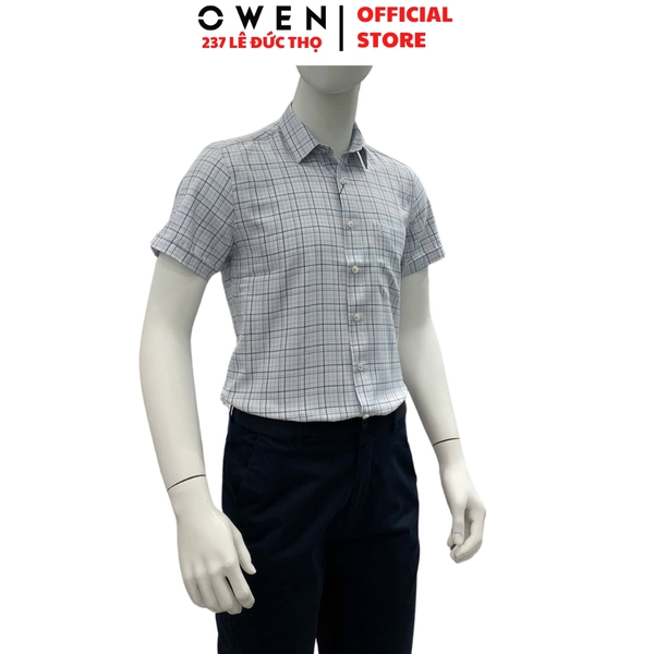 Áo sơ mi nam tay ngắn Owen AR240028NT màu xám nhạt kẻ caro dáng suông regular fit tà lượn có túi chất liệu nano