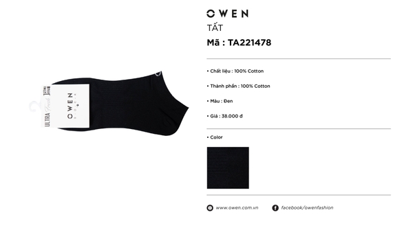 Tất Nam Owen TA221478 màu đen trơn  Vải Cotton