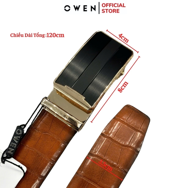 Thắt Lưng Nam Owen BELT221604 Chất Liệu Da Bò Thật dây da màu nâu mặt khóa trượt tự động