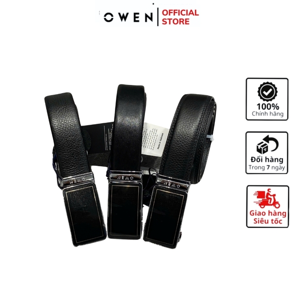 Thắt Lưng Nam Owen BELT231518.3 Dây da màu đen Mặt Khóa Trượt Tự Động Chất liệu da bò thật trơn, sần hoặc sần khâu viền