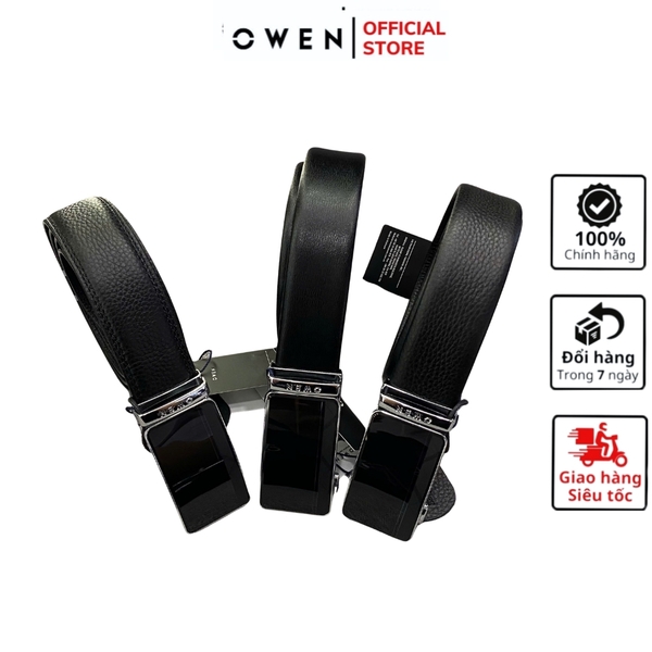 Thắt Lưng Nam Owen BELT231518.4 Dây da màu đen Mặt Khóa Trượt Tự Động Chất liệu da bò thật trơn, sần hoặc sần khâu viền
