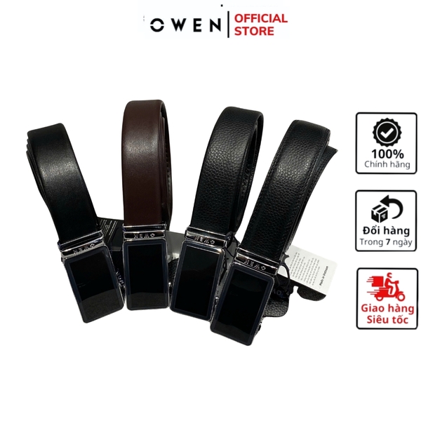 Thắt Lưng Nam Owen BELT231518.1 Dây da màu đen hoặc nâu Mặt Khóa Trượt Tự Động Chất liệu da bò thật trơn, sần hoặc sần khâu viền