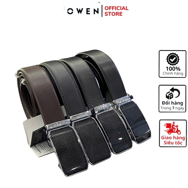 Thắt Lưng Nam Owen BELT231518.2 Dây da màu đen hoặc nâu Mặt Khóa Trượt Tự Động Chất liệu da bò thật trơn, sần hoặc sần khâu viền