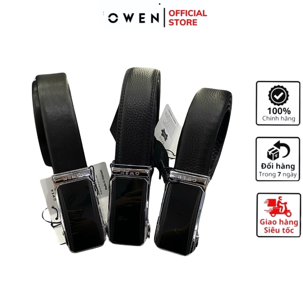 Thắt Lưng Nam Owen BELT231518.5 Dây da màu đen Mặt Khóa Trượt Tự Động Chất liệu da bò thật trơn, sần hoặc sần khâu viền