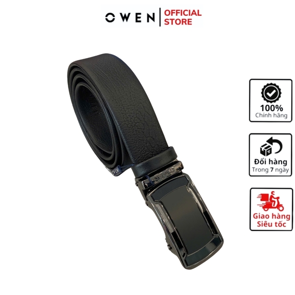 Thắt Lưng Nam Owen BELT251211 dây da màu đen sần Mặt Khóa Trượt Tự Động Chất liệu da bò thật