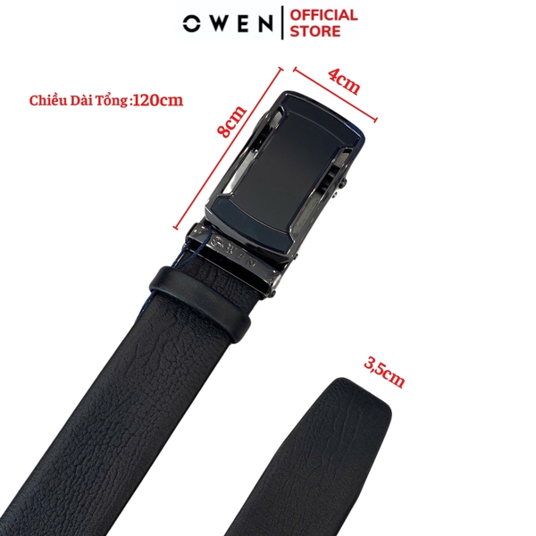 Thắt Lưng Nam Owen BELT251211 dây da màu đen sần Mặt Khóa Trượt Tự Động Chất liệu da bò thật