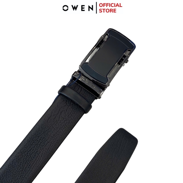 Thắt Lưng Nam Owen BELT251211 dây da màu đen sần Mặt Khóa Trượt Tự Động Chất liệu da bò thật