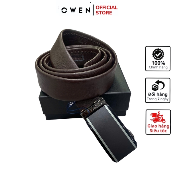 Thắt Lưng Nam Owen BELT251212 dây da màu nâu sần Mặt Khóa Trượt Tự Động Chất liệu da bò thật