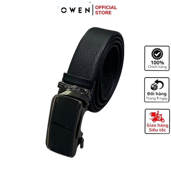 Thắt Lưng Nam Owen BELT251213 dây da màu đen sần Mặt Khóa Trượt Tự Động Chất liệu da bò thật
