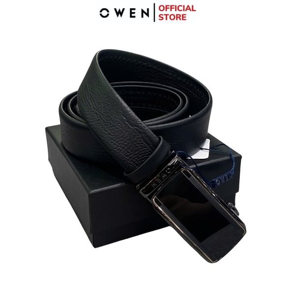 Thắt Lưng Nam Owen BELT251213 dây da màu đen sần Mặt Khóa Trượt Tự Động Chất liệu da bò thật