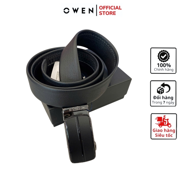 Thắt Lưng Nam Owen BELT251232 dây da màu đen sần Mặt Khóa Trượt Tự Động Chất liệu da bò thật