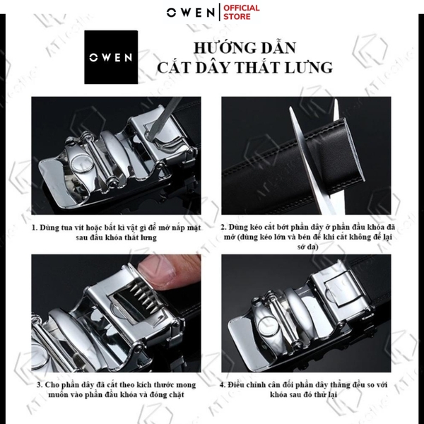 Thắt Lưng Nam Owen BELT251232 dây da màu đen sần Mặt Khóa Trượt Tự Động Chất liệu da bò thật