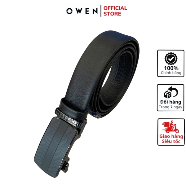 Thắt Lưng Nam Owen BELT251234 dây da màu đen sần Mặt Khóa Trượt Tự Động Chất liệu da bò thật