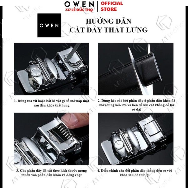 Thắt Lưng Nam Owen BELT261078 day da màu đen Mặt Khóa Trượt Tự Động chất liệu da bò thật