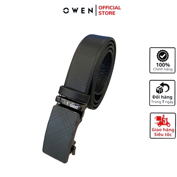 Thắt Lưng Nam Owen BELT251237 dây da màu đen sần Mặt Khóa Trượt Tự Động Chất liệu da bò thật