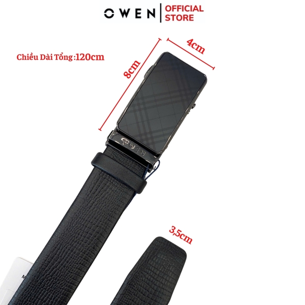 Thắt Lưng Nam Owen BELT251237 dây da màu đen sần Mặt Khóa Trượt Tự Động Chất liệu da bò thật