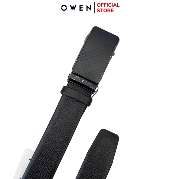 Thắt Lưng Nam Owen BELT251237 dây da màu đen sần Mặt Khóa Trượt Tự Động Chất liệu da bò thật