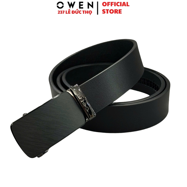 Thắt Lưng Nam Owen BELT261070 day da màu đen Mặt Khóa Trượt Tự Động chất liệu da bò thật