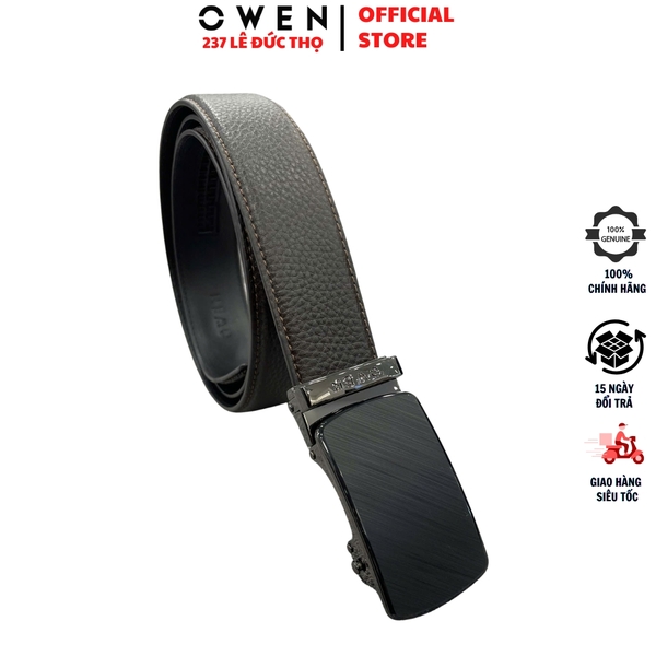 Thắt Lưng Nam Owen BELT261077 day da màu nâu Mặt Khóa Trượt Tự Động chất liệu da bò thật