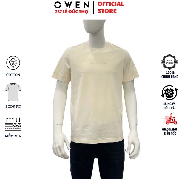 Áo thun nam Tay Ngắn Không Cổ Owen TSN260136 màu be dáng suông relax fit cổ tròn chất liệu cotton