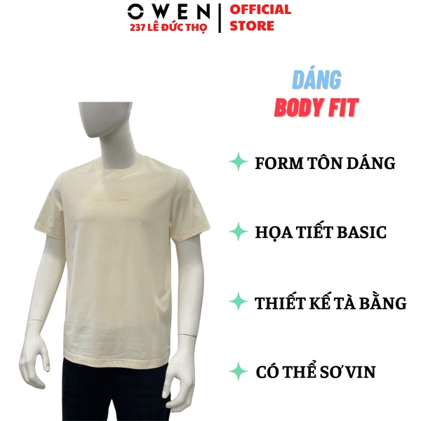 Áo thun nam Tay Ngắn Không Cổ Owen TSN260136 màu be dáng suông relax fit cổ tròn chất liệu cotton