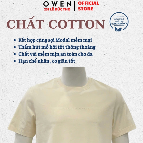 Áo thun nam Tay Ngắn Không Cổ Owen TSN260136 màu be dáng suông relax fit cổ tròn chất liệu cotton