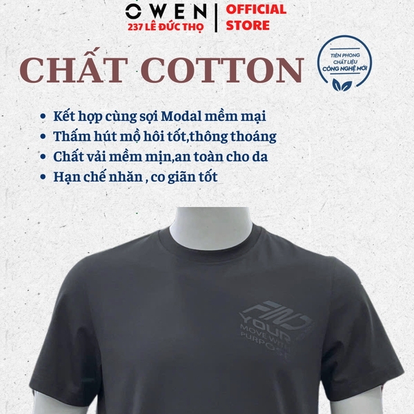 Áo thun nam Tay Ngắn Không Cổ Owen TSN260137 màu xám dáng suông relax fit cổ tròn chất liệu cotton