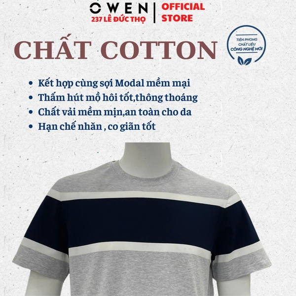 Áo thun nam Tay Ngắn Không Cổ Owen TSN260142 màu xanh tím than dáng suông regular fit cổ tròn chất liệu cotton spandex
