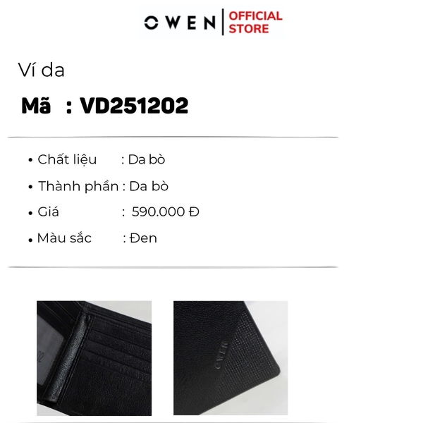 Ví Nam Owen Ví Da Bóp Nam VD251202 màu đen da sần kiểu dáng ví ngang chất liệu da bò thật