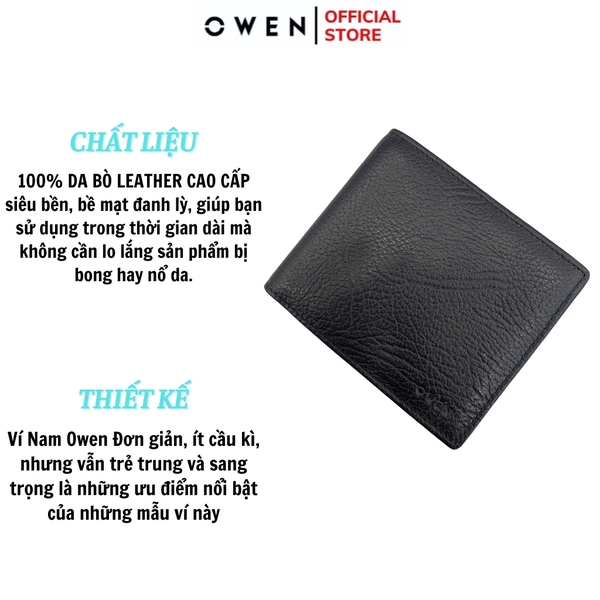 Ví Nam Owen Ví Da Bóp Nam VD251203 màu đen da sần kiểu dáng ví ngang chất liệu da bò thật