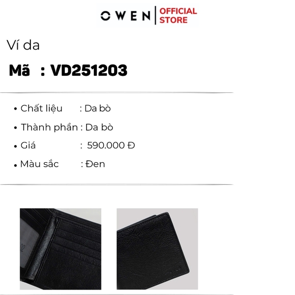 Ví Nam Owen Ví Da Bóp Nam VD251203 màu đen da sần kiểu dáng ví ngang chất liệu da bò thật