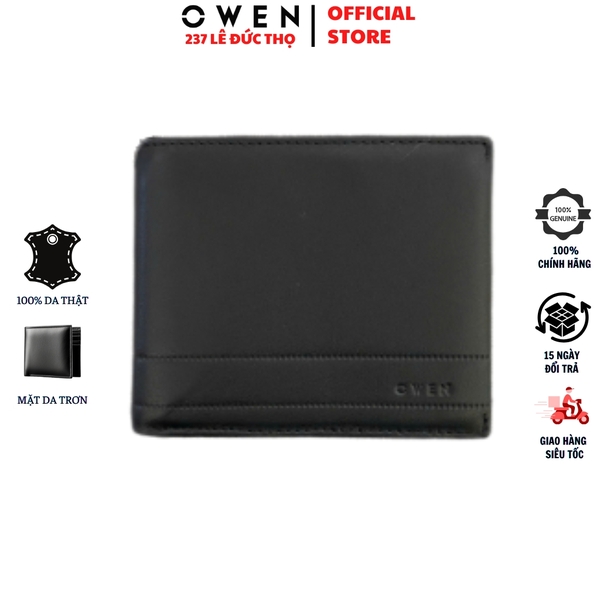 Ví Nam Owen Ví Da Bóp Nam VD232666 màu đen da trơn kiểu dáng ví ngang chất liệu da bò thật