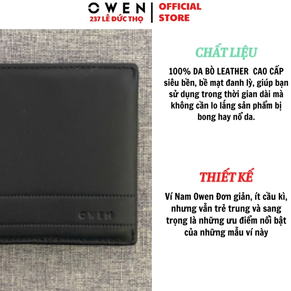 Ví Nam Owen Ví Da Bóp Nam VD232666 màu đen da trơn kiểu dáng ví ngang chất liệu da bò thật