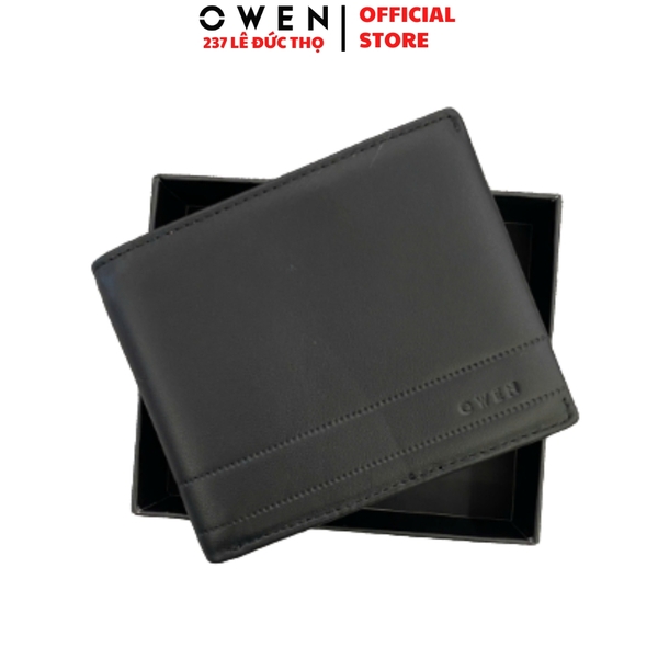 Ví Nam Owen Ví Da Bóp Nam VD232666 màu đen da trơn kiểu dáng ví ngang chất liệu da bò thật