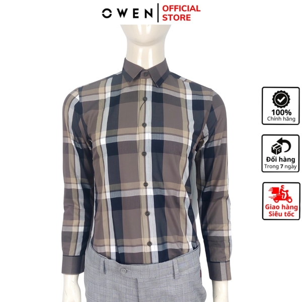 Áo Sơ Mi Nam Tay Dài Owen AS221071D Kẻ caro naâu ghi Dáng Slim Fit Tà Lượn Không Túi Vải Sợi Tre