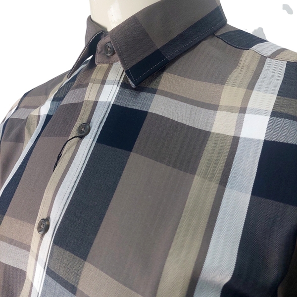 Áo Sơ Mi Nam Tay Dài Owen AS221071D Kẻ caro naâu ghi Dáng Slim Fit Tà Lượn Không Túi Vải Sợi Tre
