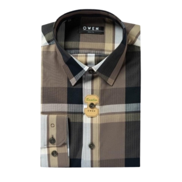 Áo Sơ Mi Nam Tay Dài Owen AS221071D Kẻ caro naâu ghi Dáng Slim Fit Tà Lượn Không Túi Vải Sợi Tre