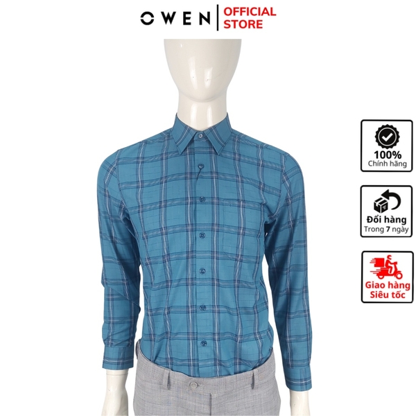Áo Sơ Mi Nam Tay Dài Owen AR220819DT Kẻ Caro Xanh Đậm Đen Trắng Dáng Regular Fit Tà Lượn Có Túi Vải Bạc Hà