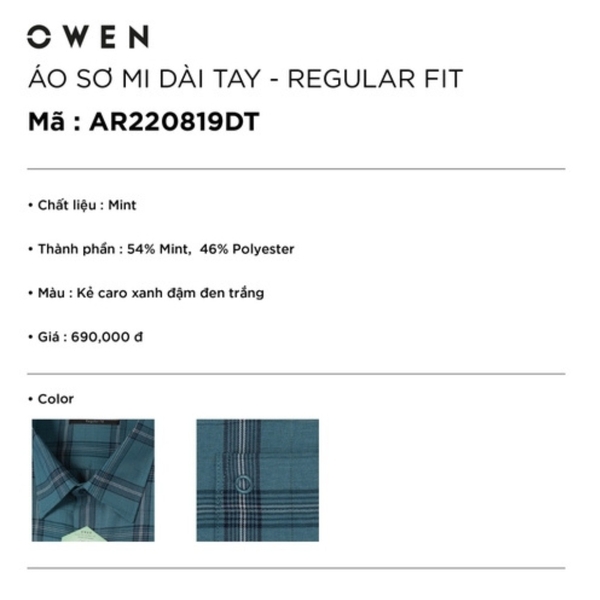 Áo Sơ Mi Nam Tay Dài Owen AR220819DT Kẻ Caro Xanh Đậm Đen Trắng Dáng Regular Fit Tà Lượn Có Túi Vải Bạc Hà