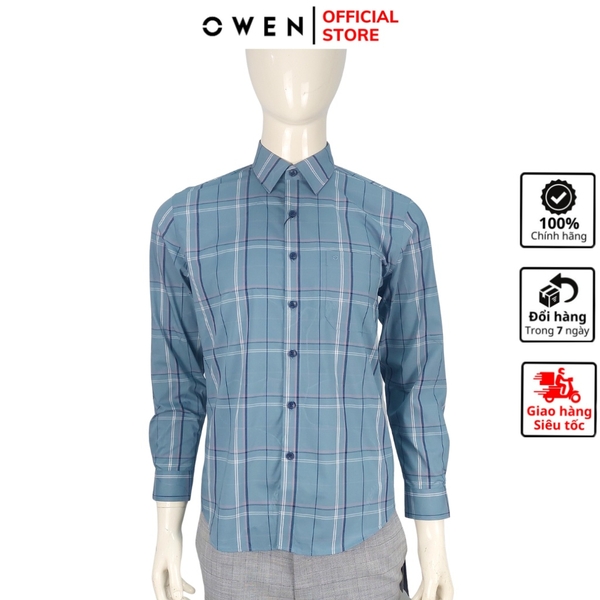 Áo Sơ Mi Nam Tay Dài Owen AR221064DT Kẻ caro lớn xanh trắng Dáng Regular Fit Tà Lượn Có Túi Vải Sợi Tre ( Bamboo)