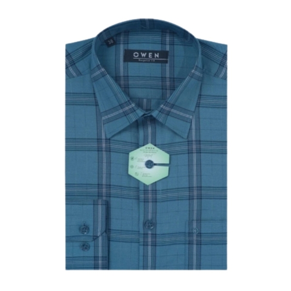 Áo Sơ Mi Nam Tay Dài Owen AR220819DT Kẻ Caro Xanh Đậm Đen Trắng Dáng Regular Fit Tà Lượn Có Túi Vải Bạc Hà