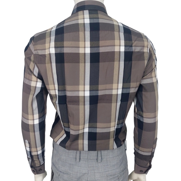 Áo Sơ Mi Nam Tay Dài Owen AS221071D Kẻ caro naâu ghi Dáng Slim Fit Tà Lượn Không Túi Vải Sợi Tre
