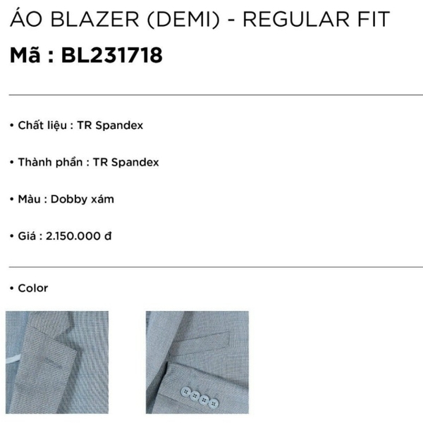 Áo Demi - Blazer Owen BL231718 màu dobby xám trơn dáng slim fit Chất Liệu Polyester