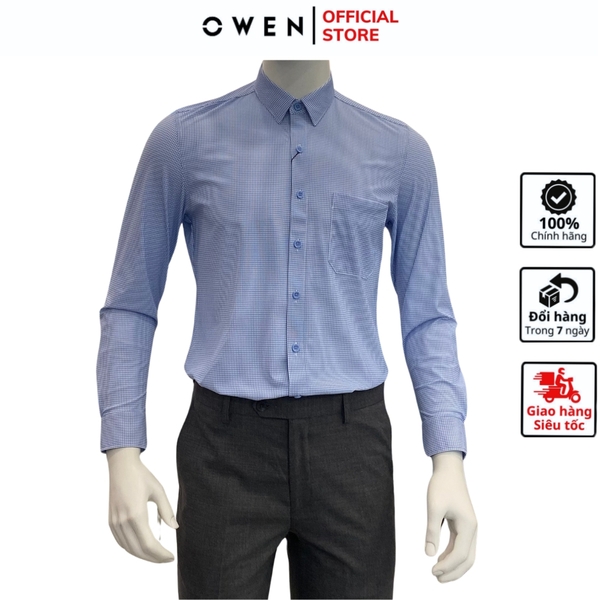 Áo Sơ Mi Nam Tay Dài Owen AR230515DT màu kẻ caro xanh trắng dáng regular fit tà lượn có túi chất liệu Nylon