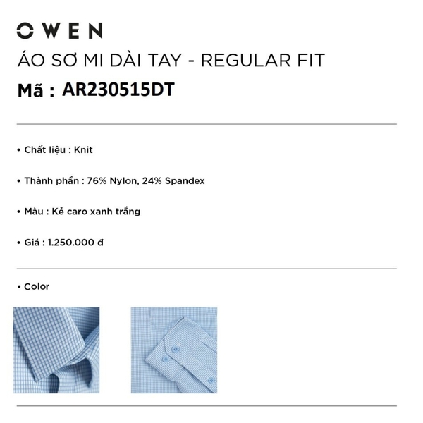 Áo Sơ Mi Nam Tay Dài Owen AR230515DT màu kẻ caro xanh trắng dáng regular fit tà lượn có túi chất liệu Nylon